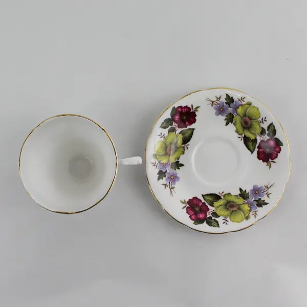 Lot Of 2 Royal Sutherland Yellow/Pink Floral Pattern Ceramic Teacup & Saucer