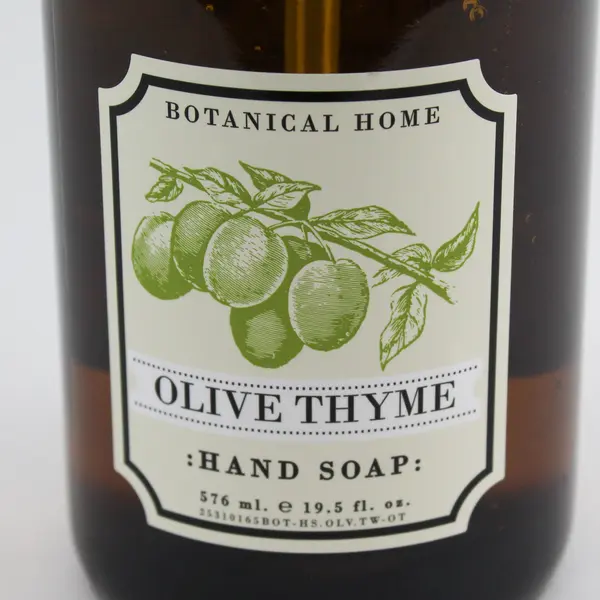 Botanical Home Olive Thyme Scent Liquid Hand Soap Glass Bottle 19.5 Oz (Full)
