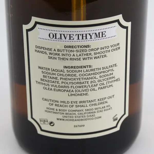 Botanical Home Olive Thyme Scent Liquid Hand Soap Glass Bottle 19.5 Oz (Full)