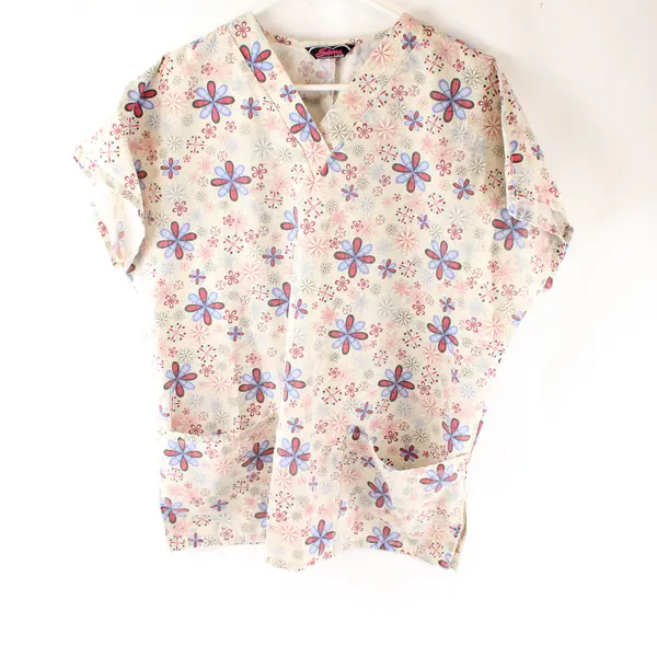 Sierra Scrubs Red Blue & Off-White Floral Pattern Scrubs Top Women's Size 14-16