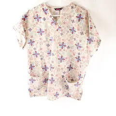 Sierra Scrubs Red Blue & Off-White Floral Pattern Scrubs Top Women's Size 14-16