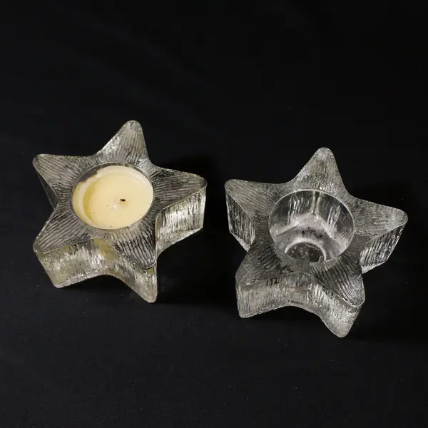 Lot Of 2 Avon Matching Star Bright Pattern Clear Glass Candle Holder 2.25" Tall