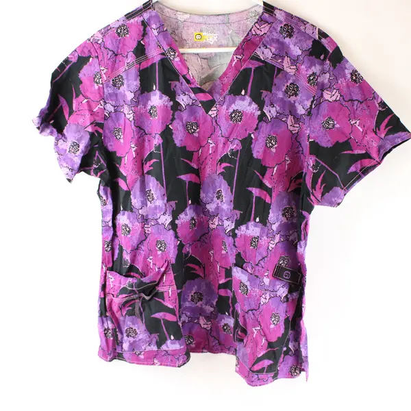 Wonder Flex Purple Floral Pattern Scrub Top Women's XL