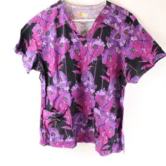 Wonder Flex Purple Floral Pattern Scrub Top Women's XL