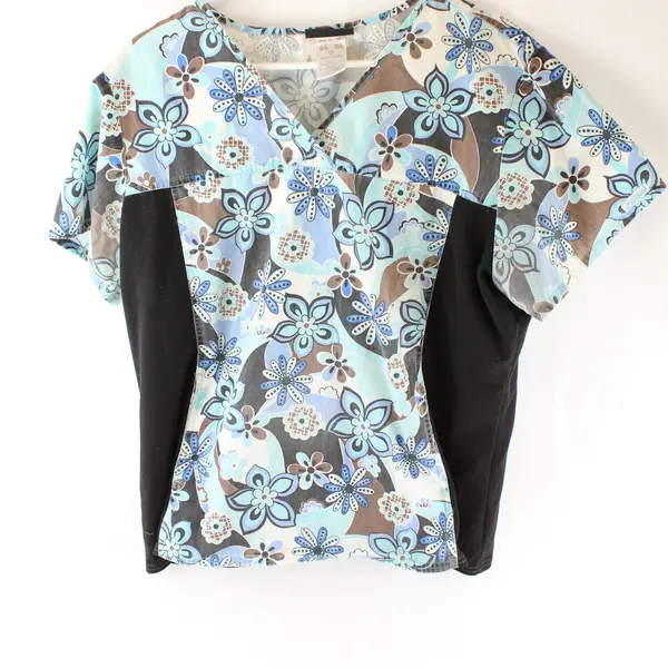 Cherokee Blue and Brown Floral Pattern Scrub Top Women's XL Flawed