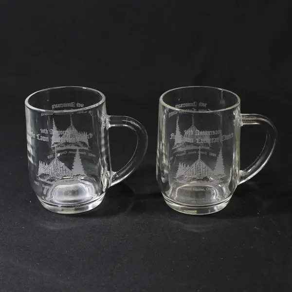Lot Of 2 "Fir Lawn Lutheran Church Sweet Home OR" Etched Glass Mugs 4.25" Tall
