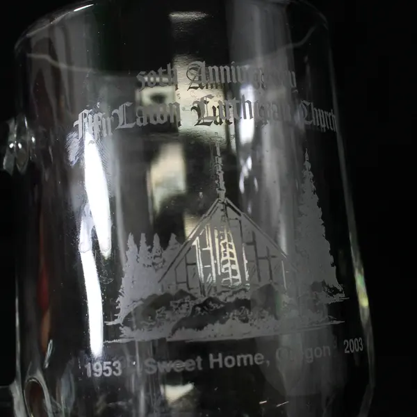 Lot Of 2 "Fir Lawn Lutheran Church Sweet Home OR" Etched Glass Mugs 4.25" Tall