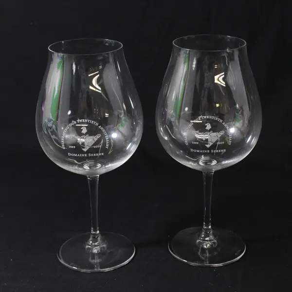 Lot Of 2 Domaine Serene 20th Anniv Matching Etched Clear Glass Wine Glasses 9"