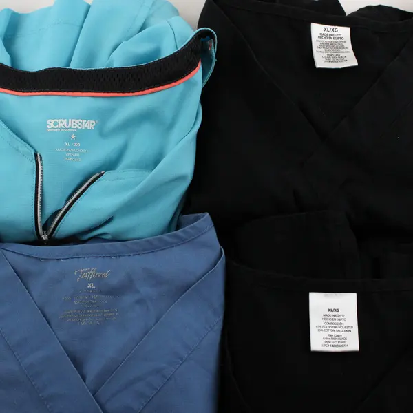 Lot of 4 Blue and Black Scrub Tops Women's XL Flawed