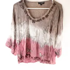 Greater Good Butterfly Print Brown and Pink 3/4-Sleeve Shirt Women's Small