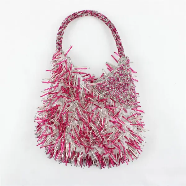 Pink and Silver Beaded Fringe Statement Handbag Purse