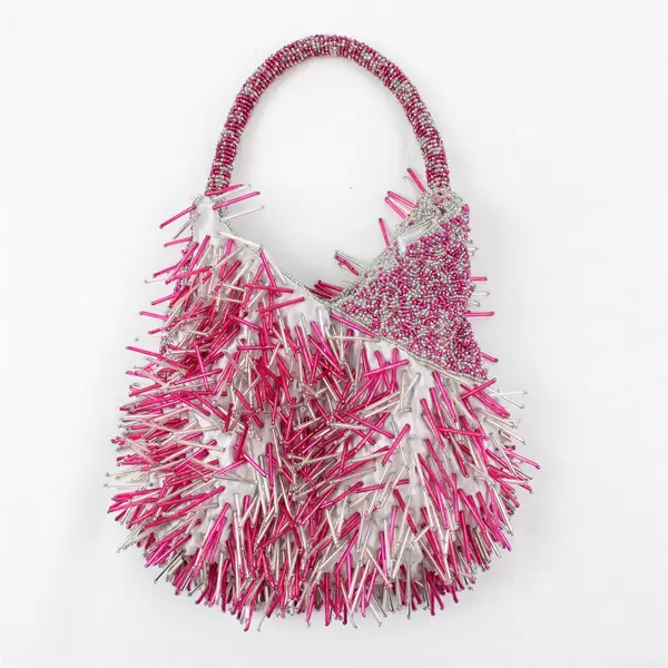 Pink and Silver Beaded Fringe Statement Handbag Purse