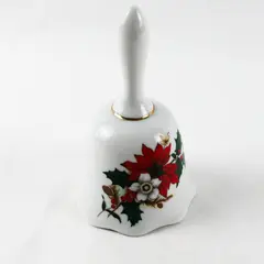 Vintage Porcelain Christmas Bell Poinsettia Design Gold Trim Collectible