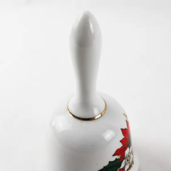 Vintage Porcelain Christmas Bell Poinsettia Design Gold Trim Collectible