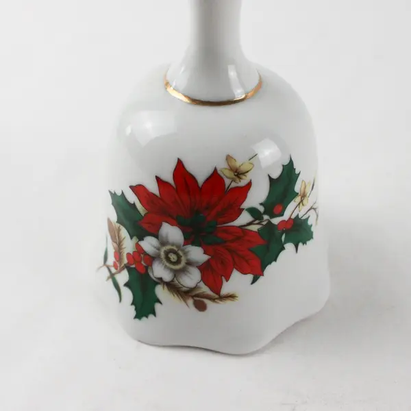 Vintage Porcelain Christmas Bell Poinsettia Design Gold Trim Collectible