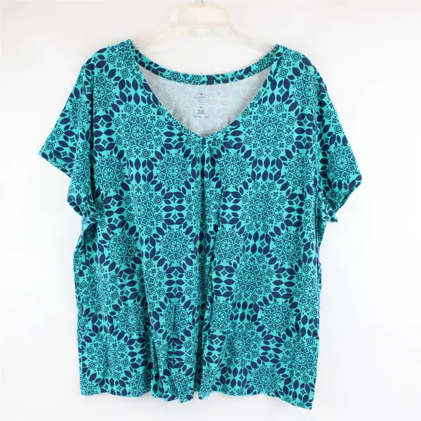 St. John's Bay Navy and Teal Floral Mandala Pattern V-Neck T-Shirt Women's 3X