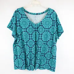 St. John's Bay Navy and Teal Floral Mandala Pattern V-Neck T-Shirt Women's 3X