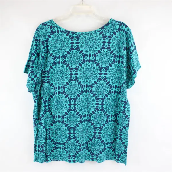 St. John's Bay Navy and Teal Floral Mandala Pattern V-Neck T-Shirt Women's 3X