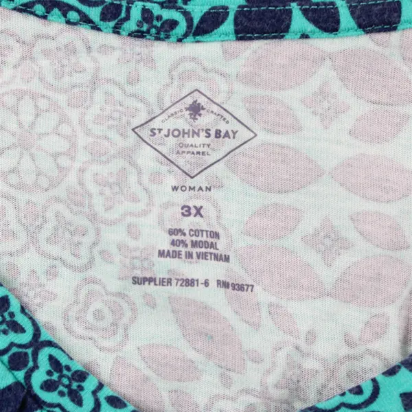 St. John's Bay Navy and Teal Floral Mandala Pattern V-Neck T-Shirt Women's 3X