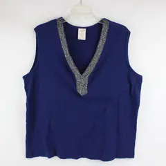 Avon Beaded Neckline Navy Blue Plunge Sleeveless Top Women's 3X
