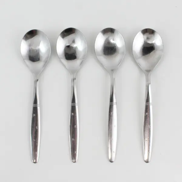 Lot of 4 Washington Forge Starflyte Pattern Stainless Oval Soup Spoons 7" Rare