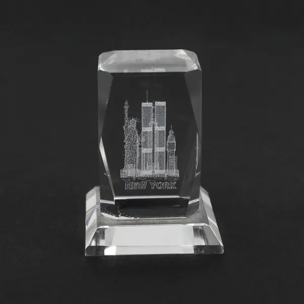 New York Skyline w/ Twin Towers 3-D Etched Laser Crystal Block Paperweight