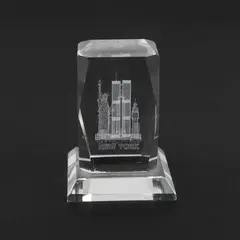 New York Skyline w/ Twin Towers 3-D Etched Laser Crystal Block Paperweight