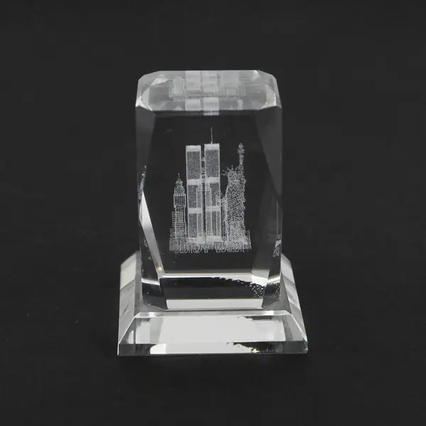 New York Skyline w/ Twin Towers 3-D Etched Laser Crystal Block Paperweight