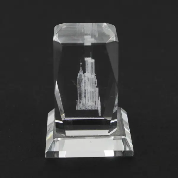 New York Skyline w/ Twin Towers 3-D Etched Laser Crystal Block Paperweight
