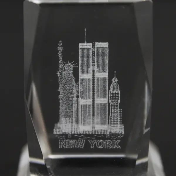 New York Skyline w/ Twin Towers 3-D Etched Laser Crystal Block Paperweight