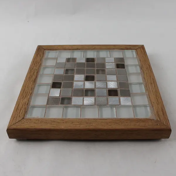 Sparr Functional Art Mosaic Inlay of Silver & White Tiles Wooden Frame Trivet