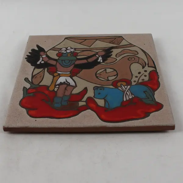 Hand-Painted Southwestern Native American Figure Pottery Motif Tile 7.75"
