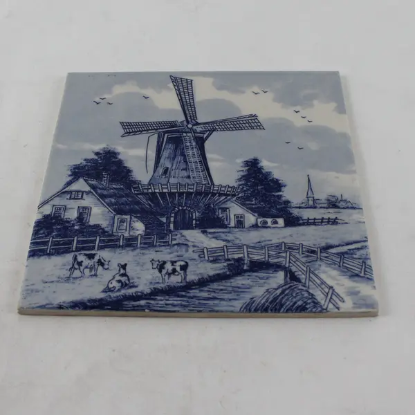 Vintage Delft Blue Hand-Painted Ceramic Tile Dutch Windmills - Made in Holland