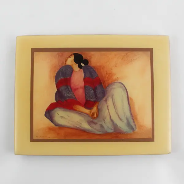 Vintage R. C. GORMAN Crystal Wall Art Tile 8"x 6.8" Woman with Blue Blanket