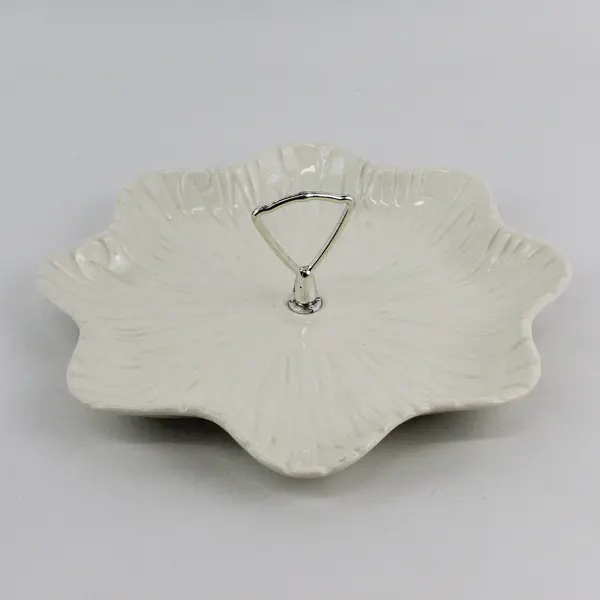 Calif USA White Leaf Pattern Ceramic Tid-Bit Serving Tray Ruffled Edge 11.5"