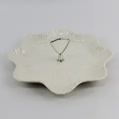 Calif USA White Leaf Pattern Ceramic Tid-Bit Serving Tray Ruffled Edge 11.5"