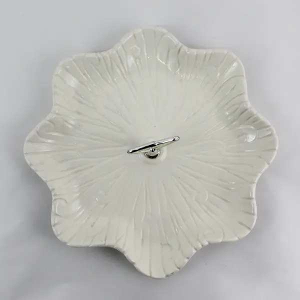 Calif USA White Leaf Pattern Ceramic Tid-Bit Serving Tray Ruffled Edge 11.5"