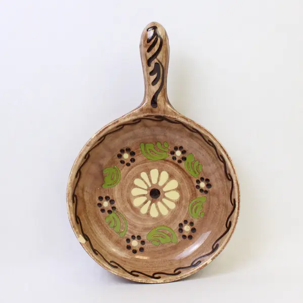 Mexican Hand-Painted Ceramic Pan Floral Design Pottery 10.25in Chips