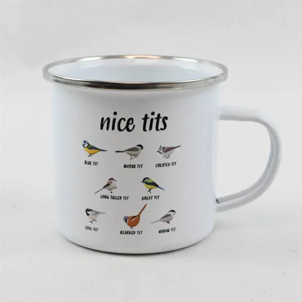Orca Coatings "Nice Tits" Bird Designs White Metal Coffee Mug - Used