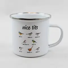 Orca Coatings "Nice Tits" Bird Designs White Metal Coffee Mug - Used