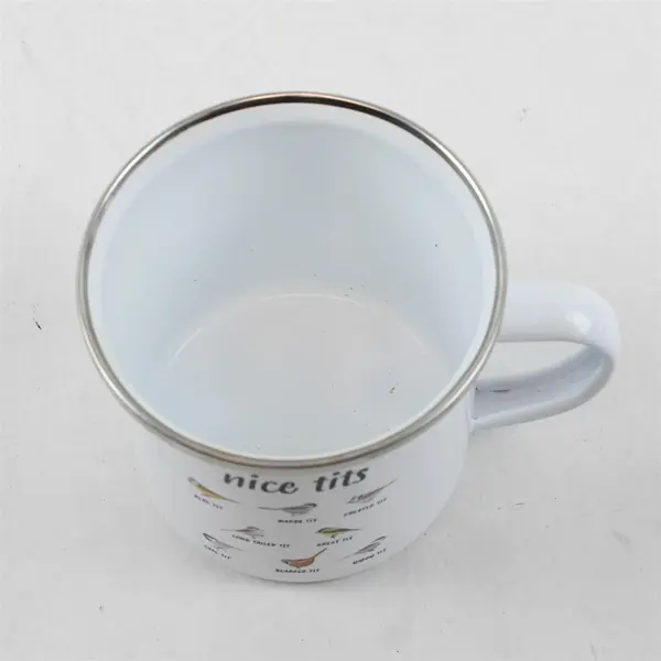 Orca Coatings "Nice Tits" Bird Designs White Metal Coffee Mug - Used