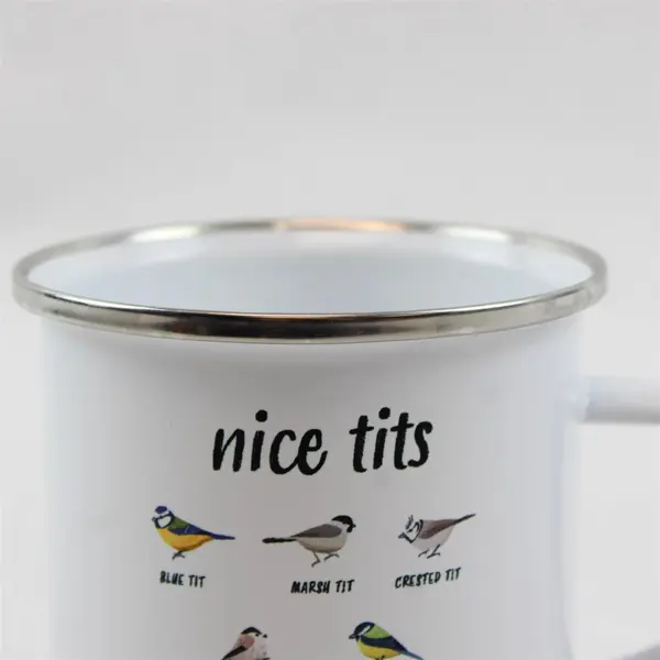 Orca Coatings "Nice Tits" Bird Designs White Metal Coffee Mug - Used