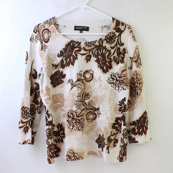 Jones New York Brown/White Floral Quarter Length Sleeve Top Women's Size L