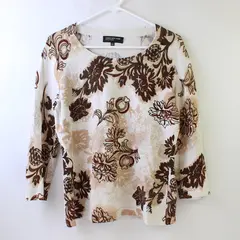 Jones New York Brown/White Floral Quarter Length Sleeve Top Women's Size L