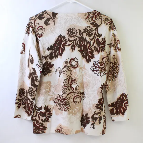 Jones New York Brown/White Floral Quarter Length Sleeve Top Women's Size L