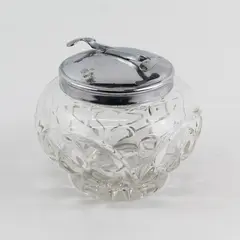 Vintage Pressed Glass Sugar Bowl Silver Plate Lid With Built In Tongs
