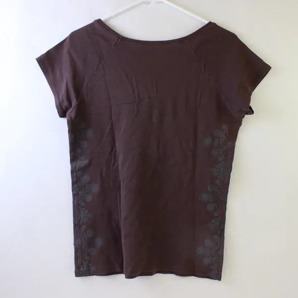 Lucy Brown W/ Blue Floral Print Short Sleeve Shirt Top 100% Cotton Womens Size L