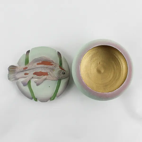 Handmade Art Pottery Trinket Bowl With Fish Lid  Signed