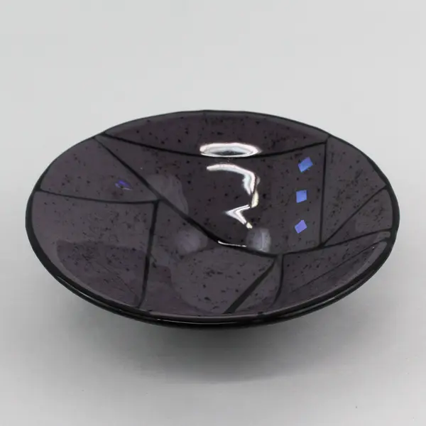 Purple Glass Bowl With Black Lines and Iridescent Blue Squares