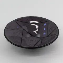 Purple Glass Bowl With Black Lines and Iridescent Blue Squares